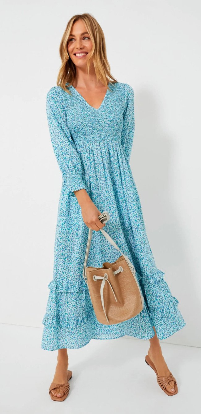 Pink City Prints Tuckernuck Ocean Ditsy Isabel V Neck Smocked Midi Dress NWT S
